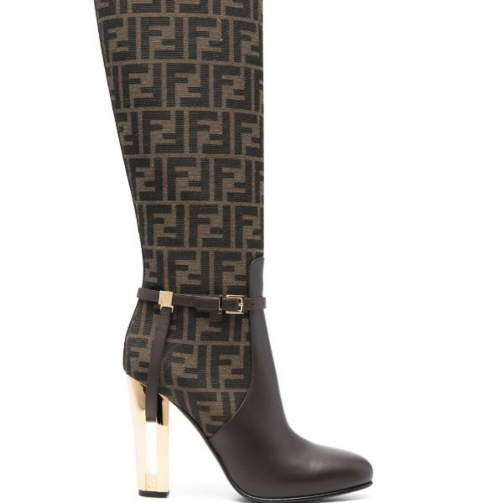 Fendi Women's Black and Gold Patterned Heeled Boots
